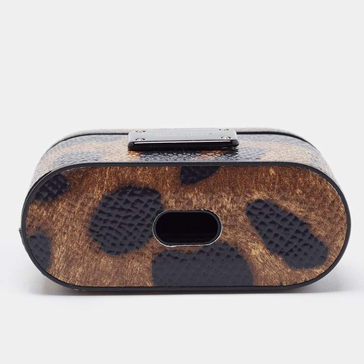 Pre Owned Dolce & Gabbana Brown/Black Leopard Print Leather Airpods Case