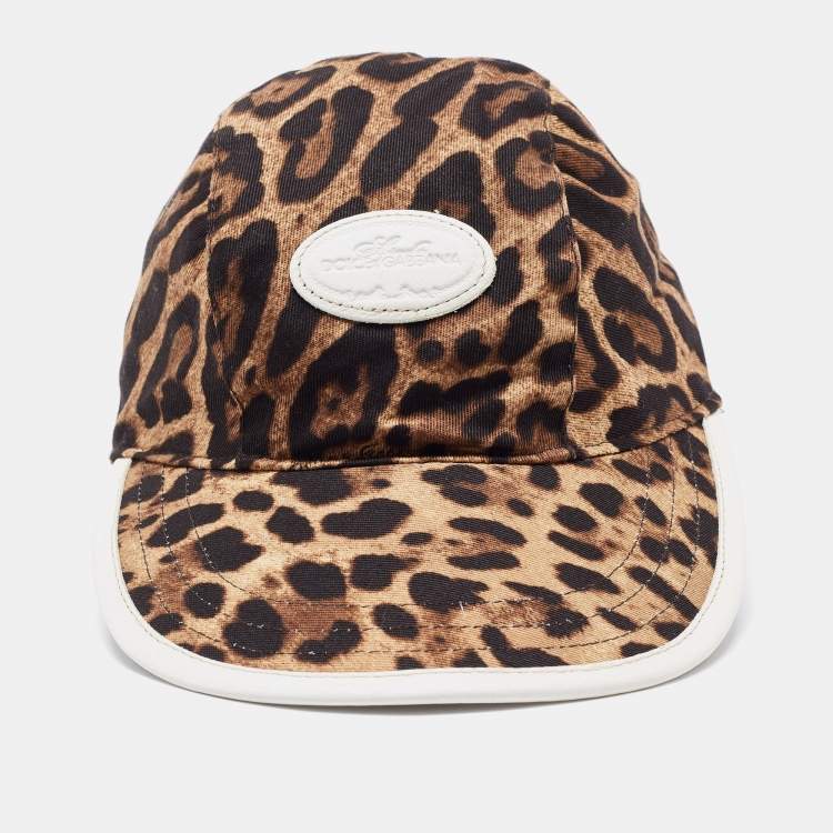 Pre Owned Dolce & Gabbana Brown Leopard Print Cotton Logo Patch Cap Size 57