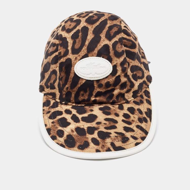 Pre Owned Dolce & Gabbana Brown Leopard Print Cotton Logo Patch Cap Size 57
