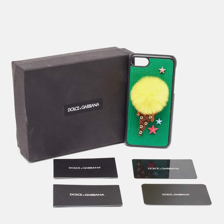 Pre Owned Dolce & Gabbana Green/Yellow Lizard Embossed Leather iPhone 7 Cover 