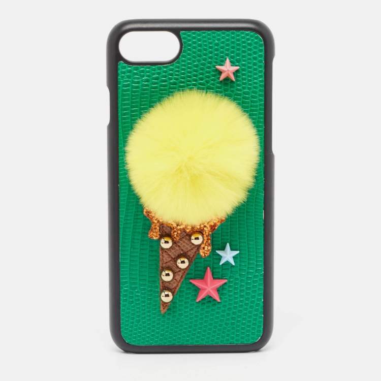 Pre Owned Dolce & Gabbana Green/Yellow Lizard Embossed Leather iPhone 7 Cover 