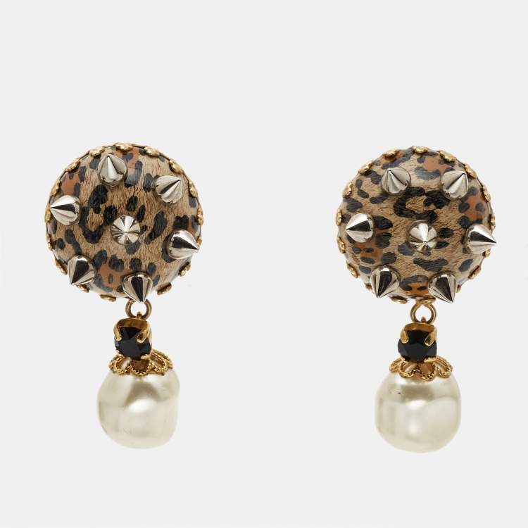 Pre Owned Dolce & Gabbana Leopard-Printed Spikes Faux Pearl Crystal Two Tone Clip-on Earrings 