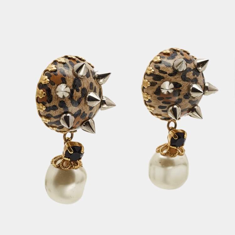 Pre Owned Dolce & Gabbana Leopard-Printed Spikes Faux Pearl Crystal Two Tone Clip-on Earrings 