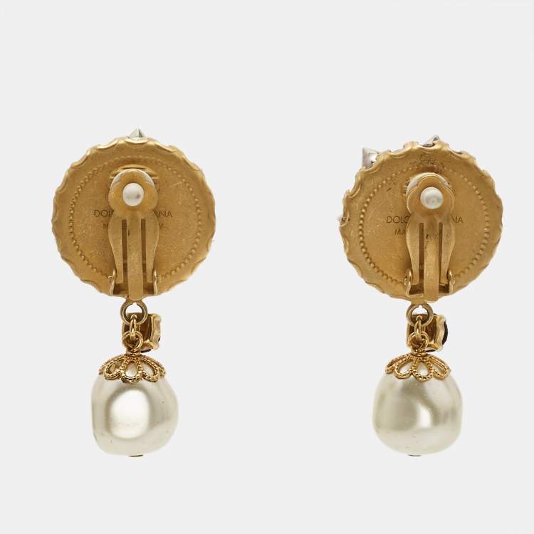 Pre Owned Dolce & Gabbana Leopard-Printed Spikes Faux Pearl Crystal Two Tone Clip-on Earrings 