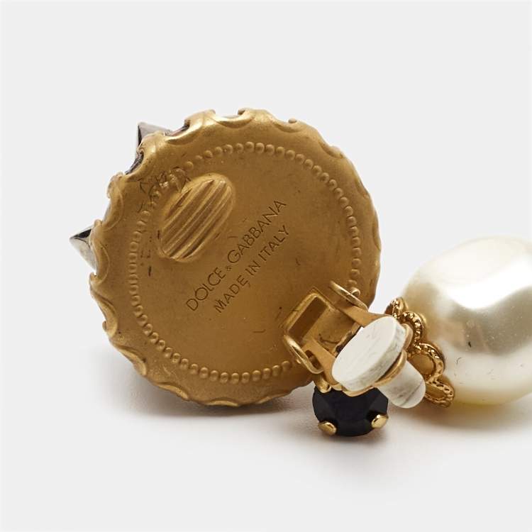 Pre Owned Dolce & Gabbana Leopard-Printed Spikes Faux Pearl Crystal Two Tone Clip-on Earrings 