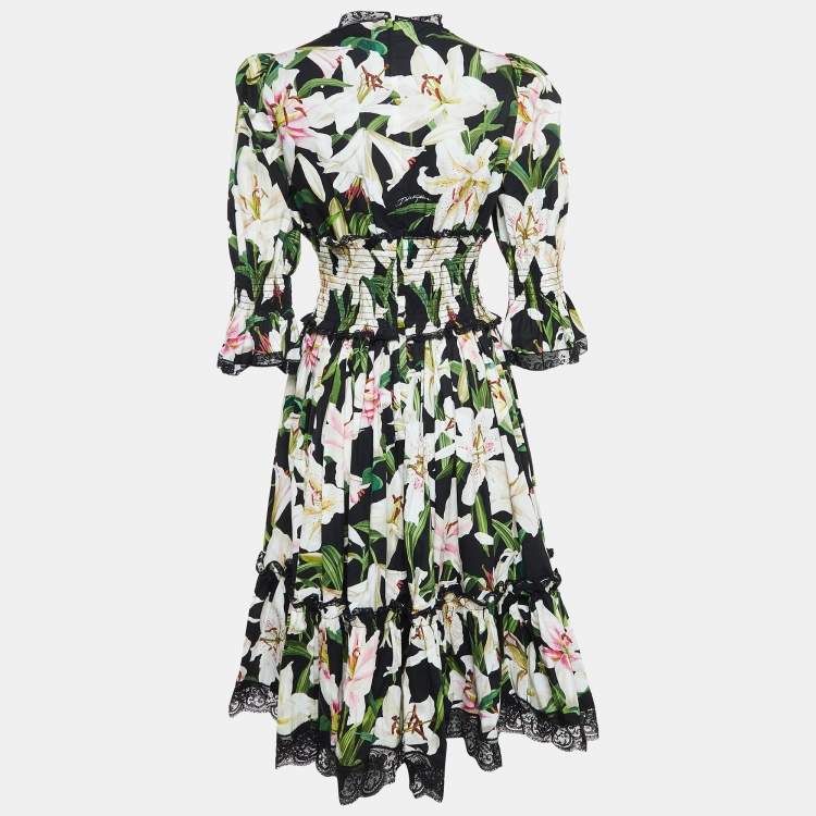 Pre Owned Dolce & Gabbana Black Lily Print Cotton and Lace Midi Length Dress M