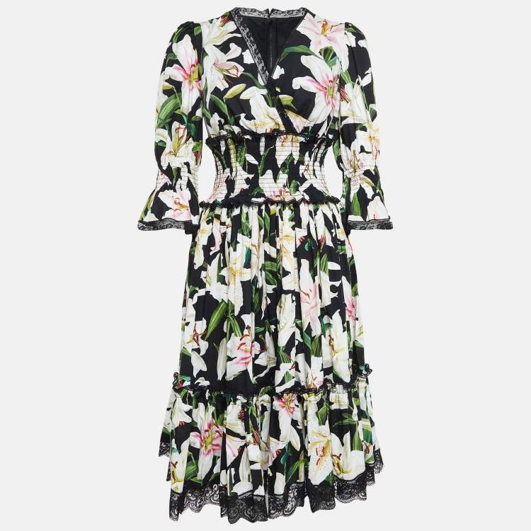 Pre Owned Dolce & Gabbana Black Lily Print Cotton and Lace Midi Length Dress M