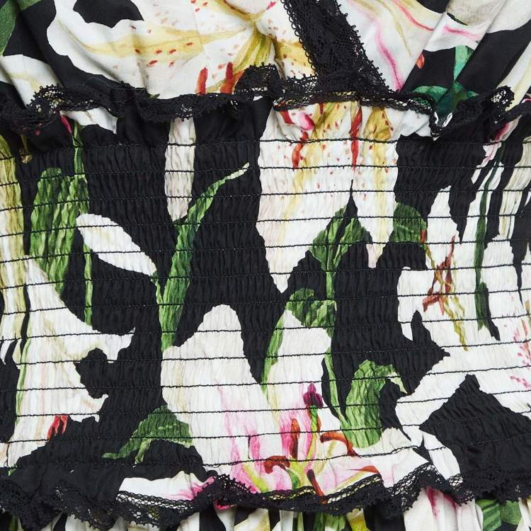 Pre Owned Dolce & Gabbana Black Lily Print Cotton and Lace Midi Length Dress M