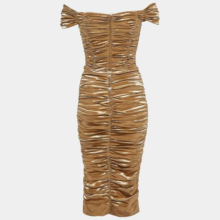 Pre Owned Dolce & Gabbana Metallic Gold Lame Ruche Off-Shoulder Dress M