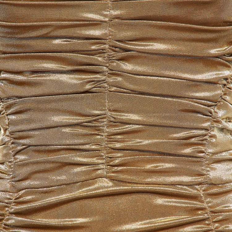 Pre Owned Dolce & Gabbana Metallic Gold Lame Ruche Off-Shoulder Dress M