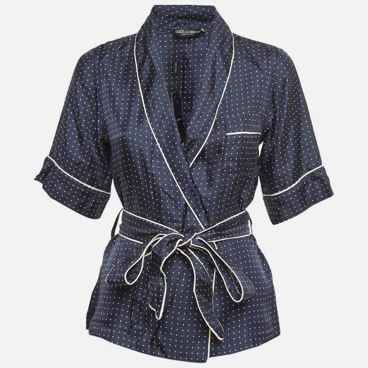 Pre Owned Dolce & Gabbana Navy Blue Polka Dots Print Silk Belted Blouse S