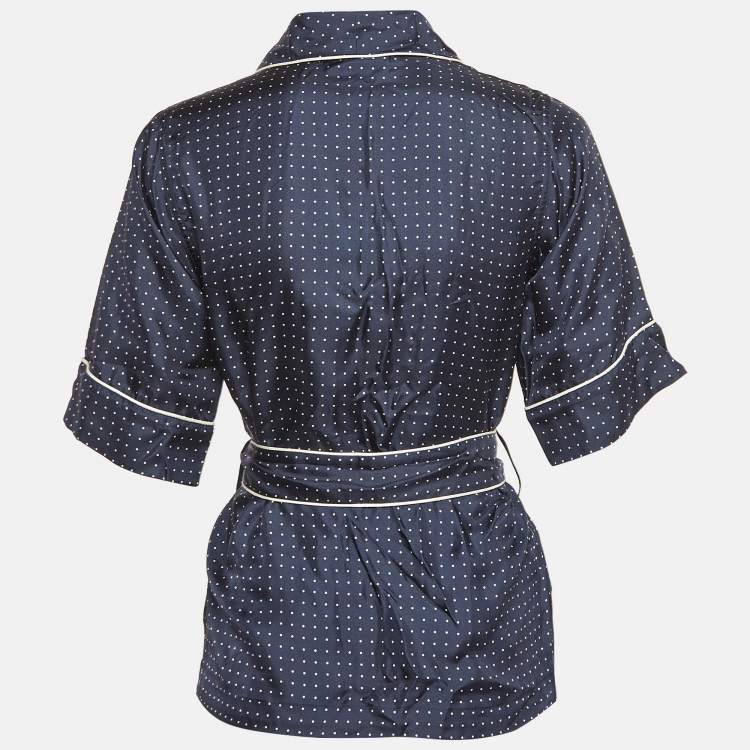 Pre Owned Dolce & Gabbana Navy Blue Polka Dots Print Silk Belted Blouse S