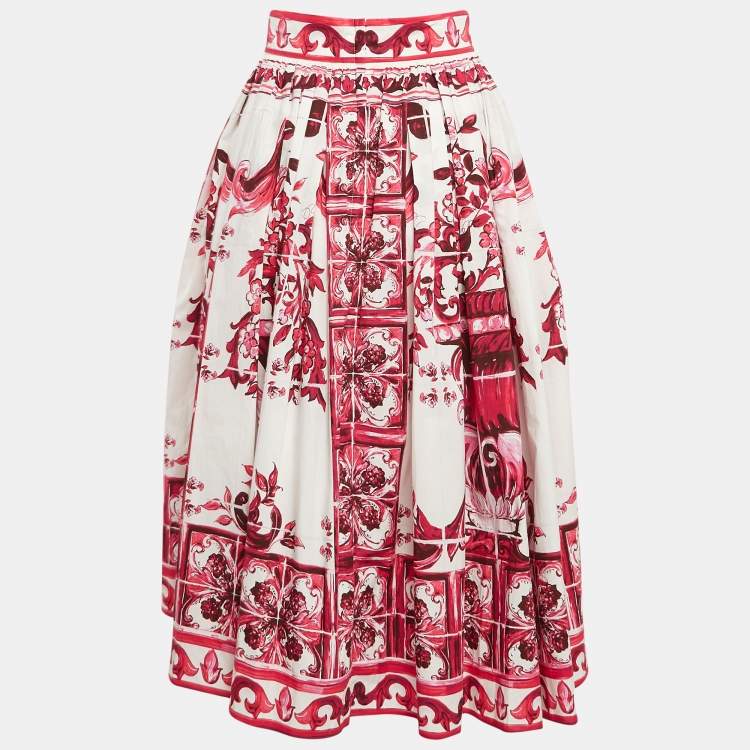 Dolce & Gabbana Pink Majolica Print Poplin Flared Midi Skirt