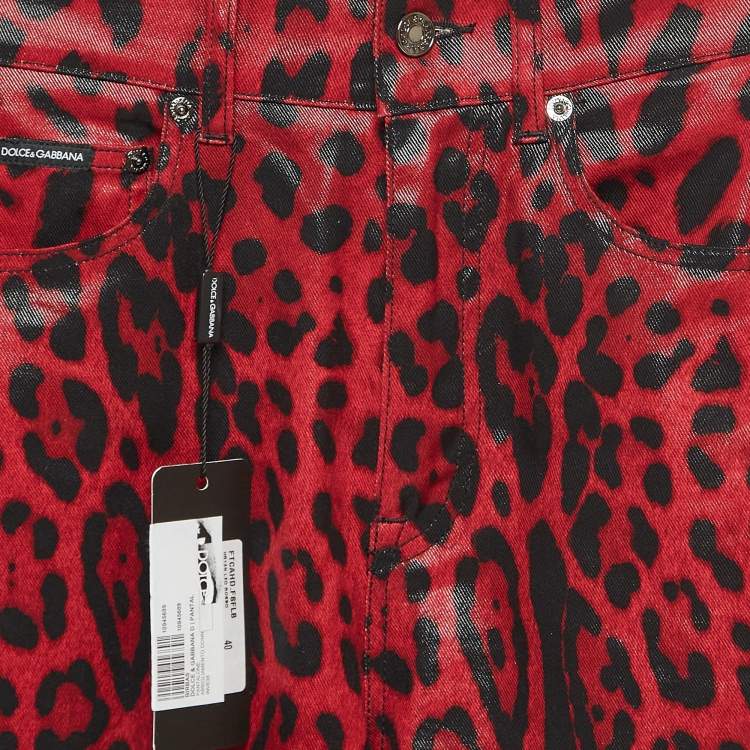 Pre Owned Dolce & Gabbana Red Leopard Print Denim Skinny Jeans S Waist 26"