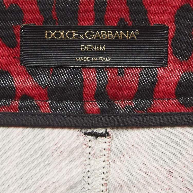 Pre Owned Dolce & Gabbana Red Leopard Print Denim Skinny Jeans S Waist 26"