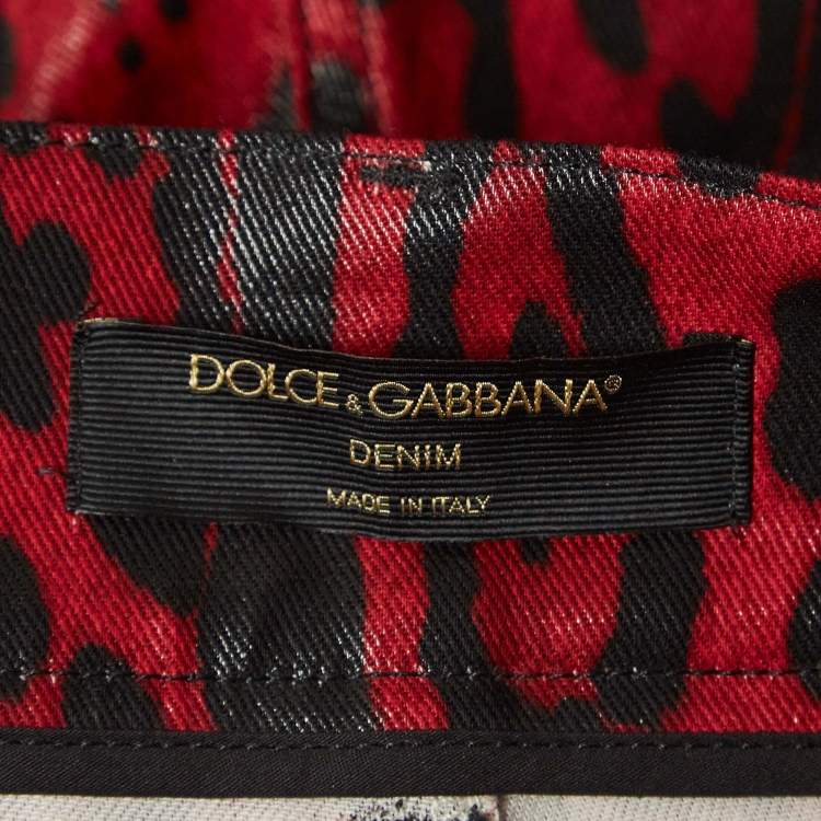 Pre Owned Dolce & Gabbana Red Leopard Print Denim Skinny Jeans S Waist 26"