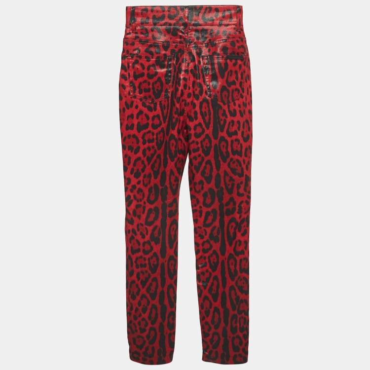 Pre Owned Dolce & Gabbana Red Leopard Print Denim Skinny Jeans S Waist 26"