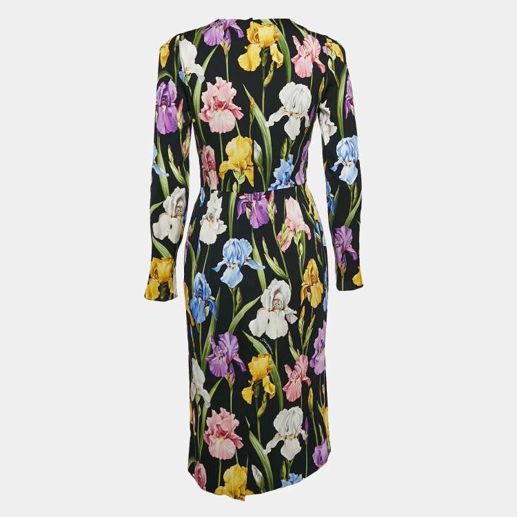 Pre Owned Dolce & Gabbana Black Floral Print Silk Long Sleeve Midi Dress M
