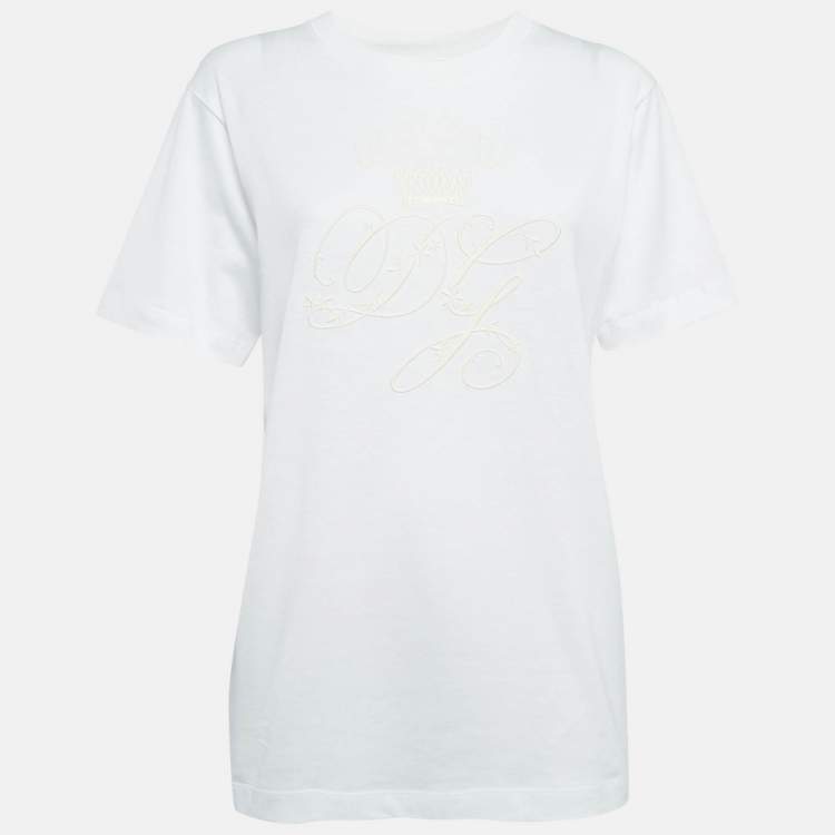 Pre Owned Dolce & Gabbana White Logo Embroidered Cotton T-Shirt S