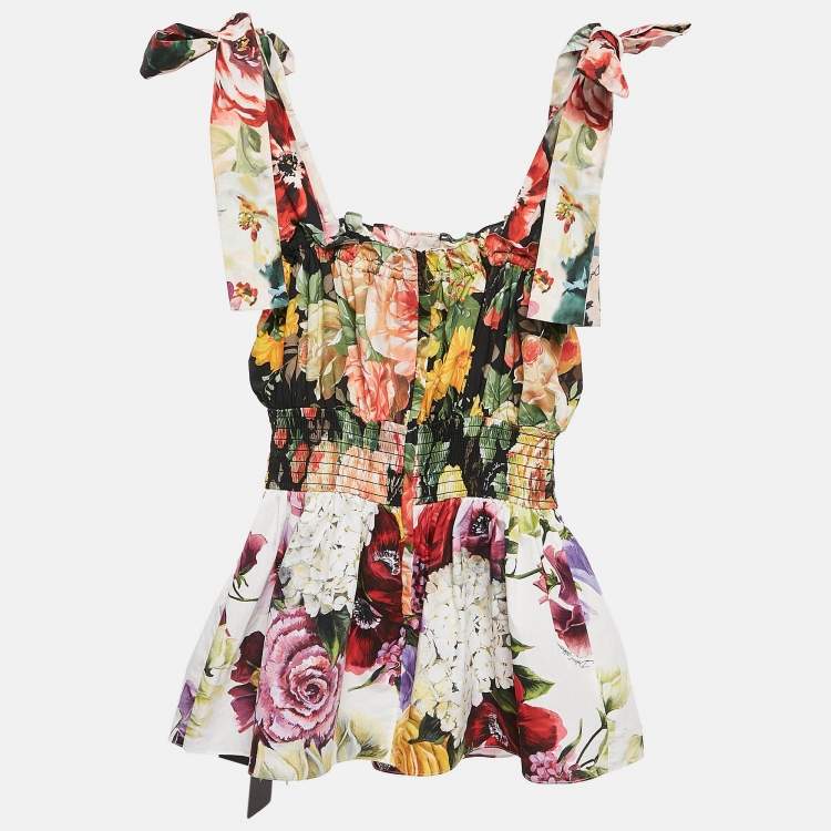 Pre Owned Dolce & Gabbana Multicolor Floral Print Cotton Tie-Up Strap Detail Top XS