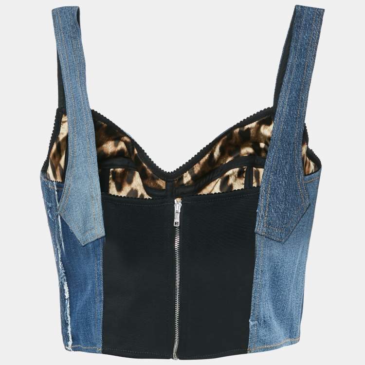 Pre Owned Dolce & Gabbana Blue Patchwork Denim Bustier Top M