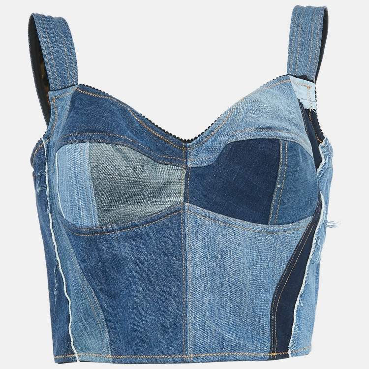 Pre Owned Dolce & Gabbana Blue Patchwork Denim Bustier Top M