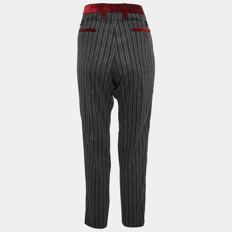 Pre Owned Dolce & Gabbana Grey Striped Wool and Velvet Trim Trousers XL