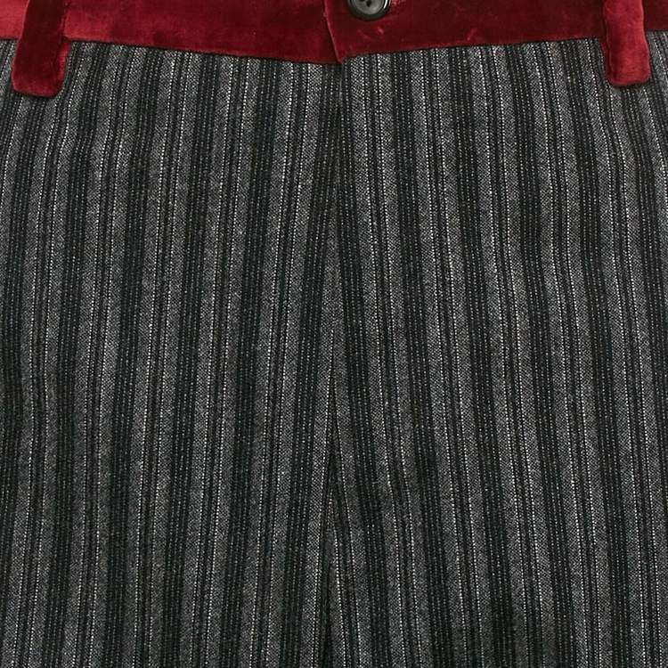 Pre Owned Dolce & Gabbana Grey Striped Wool and Velvet Trim Trousers XL