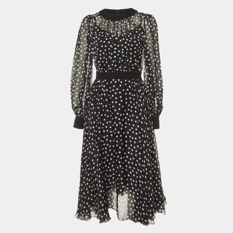Pre Owned Dolce & Gabbana Black Polka Dotted Silk Chiffon Midi Dress S