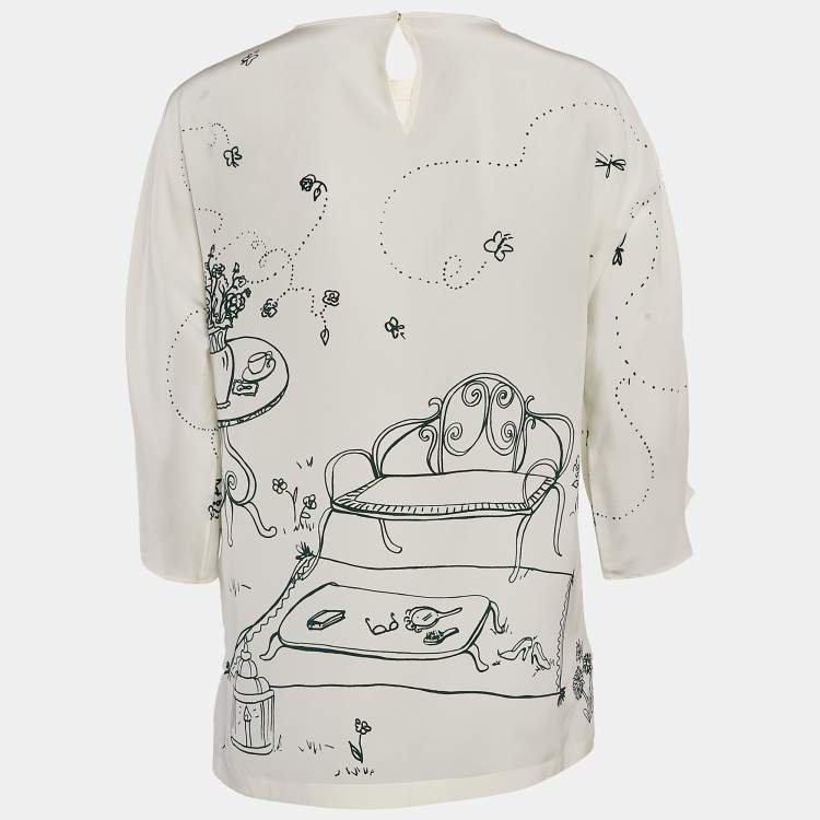 Pre Owned Dolce & Gabbana Off White Bird Cage Print Silk Blouse S