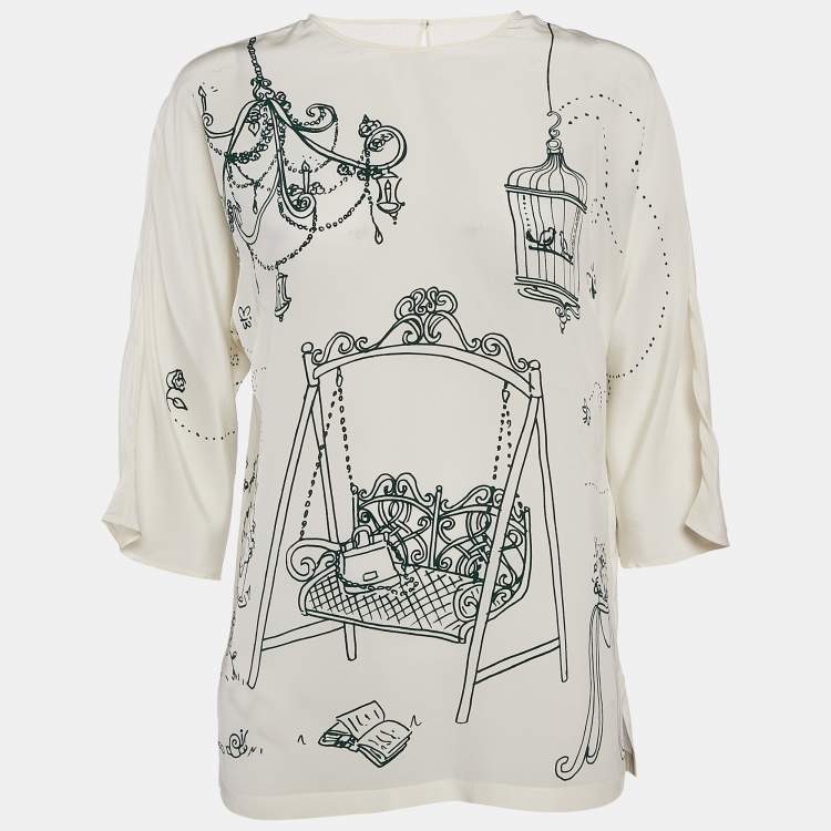 Pre Owned Dolce & Gabbana Off White Bird Cage Print Silk Blouse S
