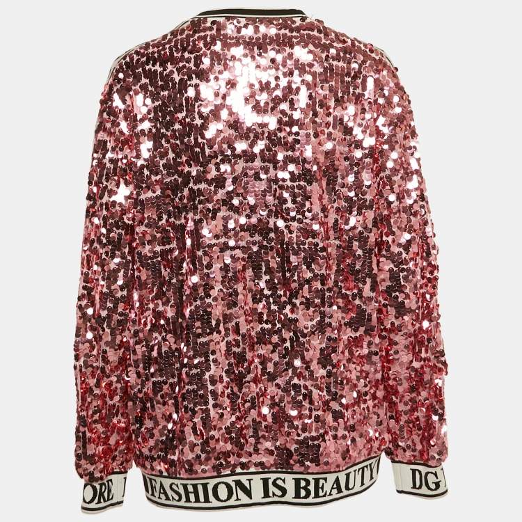 Pre Owned Dolce & Gabbana Pink Sequin Tulle Logo Detail Pullover S