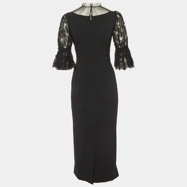 Pre Owned Dolce & Gabbana Black Crepe Tulle Trim Midi Dress S