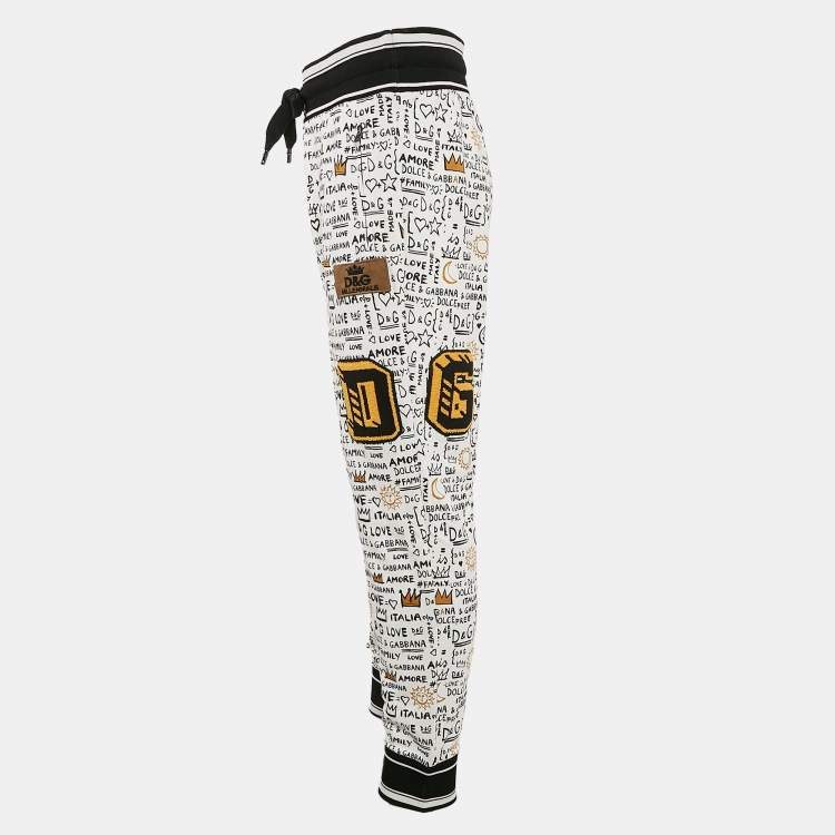 Pre Owned Dolce & Gabbana White Graffiti Print Jersey Cotton Knit Joggers XXL