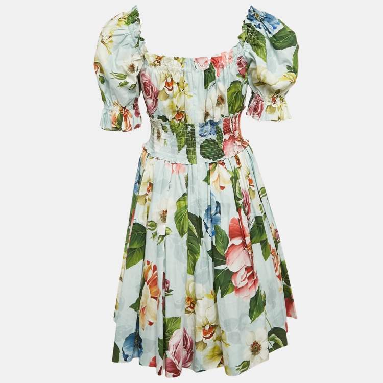 مملوكة مسبقًا Dolce & Gabbana Blue Floral Print Poplin Embellished Button Mini Dress M