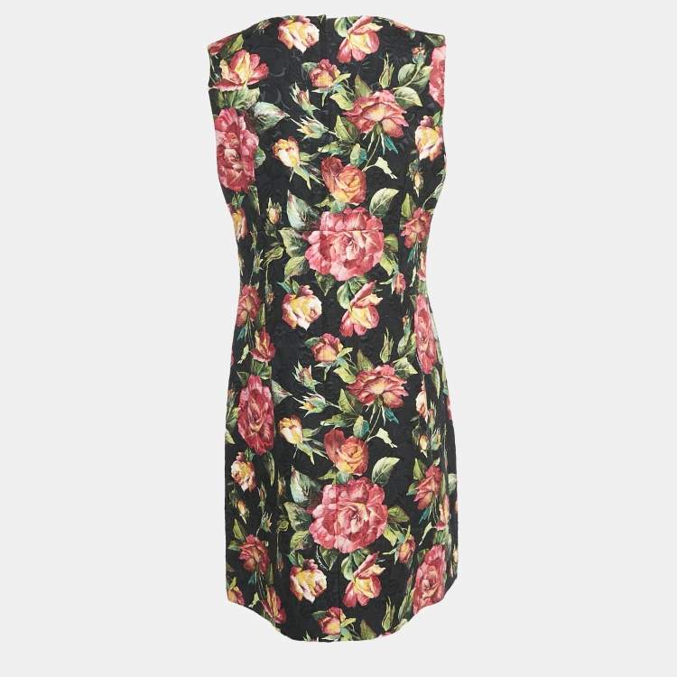 Pre Owned Dolce & Gabbana Black Floral Print Jacquard Cotton Blend Sleeveless Mini Dress L