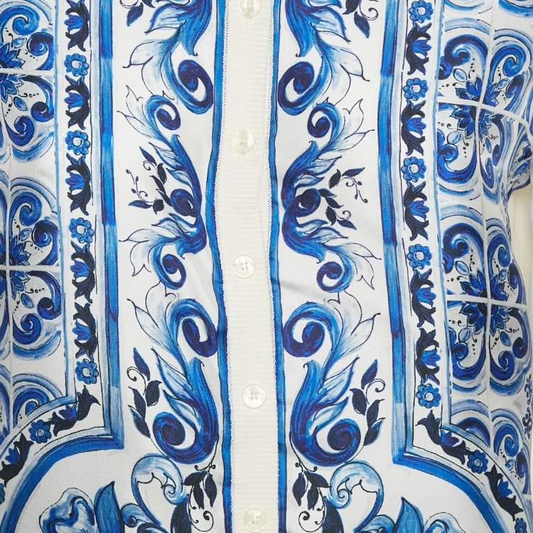 Pre Owned Dolce & Gabbana White/Blue Majolica Print Silk Buttoned Cardigan M