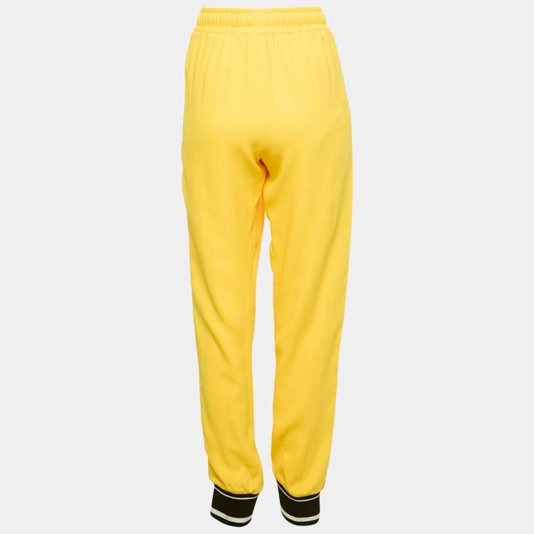 Pre Owned Dolce & Gabbana Yellow Crepe Logo Tape Trimmed Trackpants L