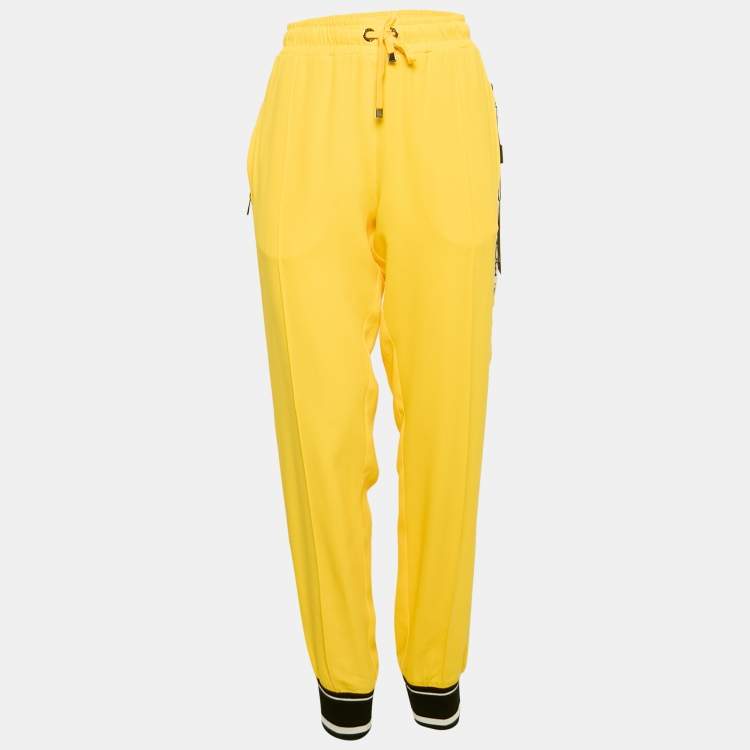 Pre Owned Dolce & Gabbana Yellow Crepe Logo Tape Trimmed Trackpants L
