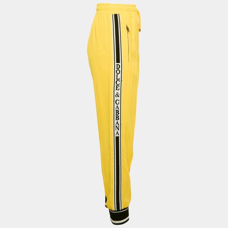 Pre Owned Dolce & Gabbana Yellow Crepe Logo Tape Trimmed Trackpants L