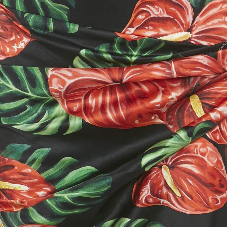 Pre Owned Dolce & Gabbana Black Printed Satin Silk One-Shoulder Tie-Up Detail Midi Dress L