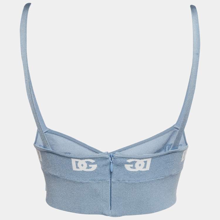 Pre Owned Dolce & Gabbana Blue Logo Intarsia Stretch Knit Bralette Top S