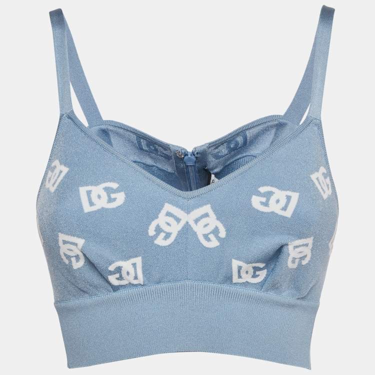 Pre Owned Dolce & Gabbana Blue Logo Intarsia Stretch Knit Bralette Top S