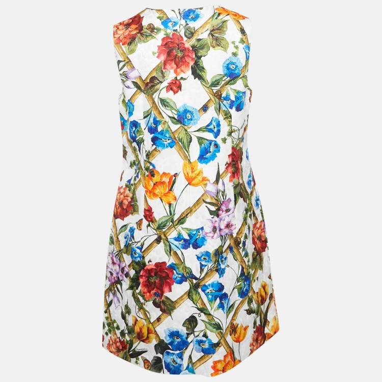 Pre Owned Dolce & Gabbana White/Multicolor Printed Cotton Blend Jacquard Mini Dress L