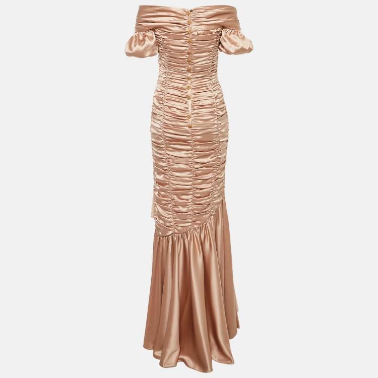 Pre Owned Dolce & Gabbana Champagne Pink Satin Ruched Ruffled Maxi Dress M