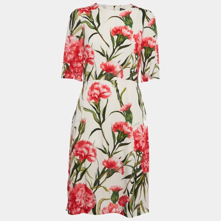 Pre Owned Dolce & Gabbana White Floral Silk Midi Dress M
