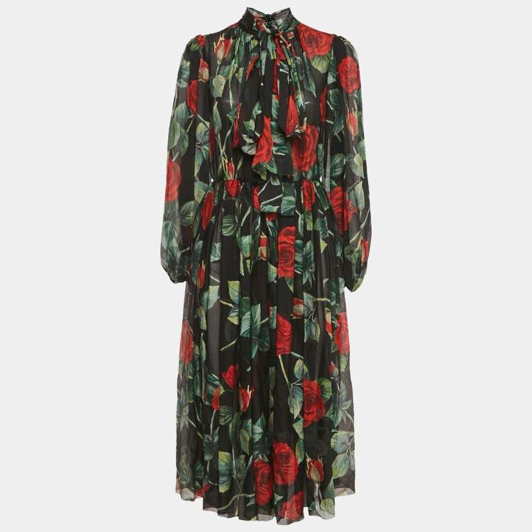 مملوكة مسبقًا Dolce & Gabbana Black Rose Print Silk High Neck Midi Dress M
