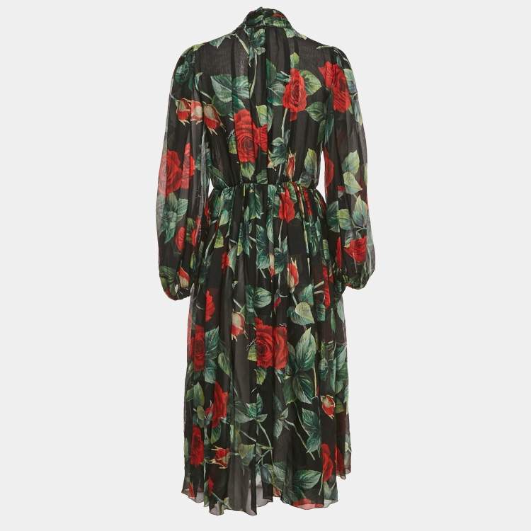 مملوكة مسبقًا Dolce & Gabbana Black Rose Print Silk High Neck Midi Dress M