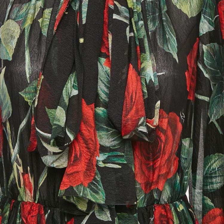 مملوكة مسبقًا Dolce & Gabbana Black Rose Print Silk High Neck Midi Dress M