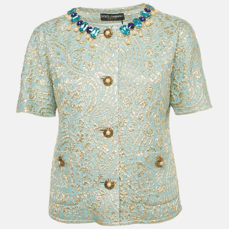 Pre Owned Dolce & Gabbana Blue Crystal Embellished Brocade Blouse M